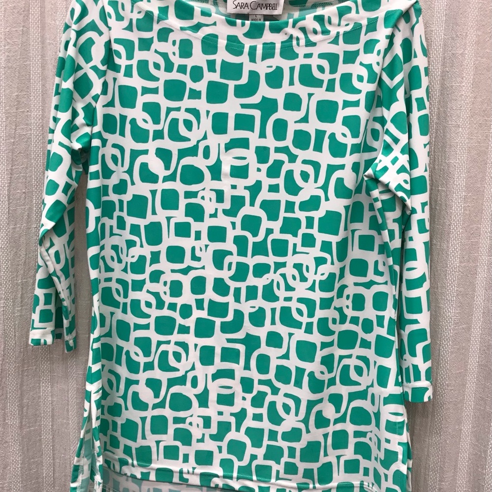 Sara Campbell, size large, long sleeve pullover top, green and white